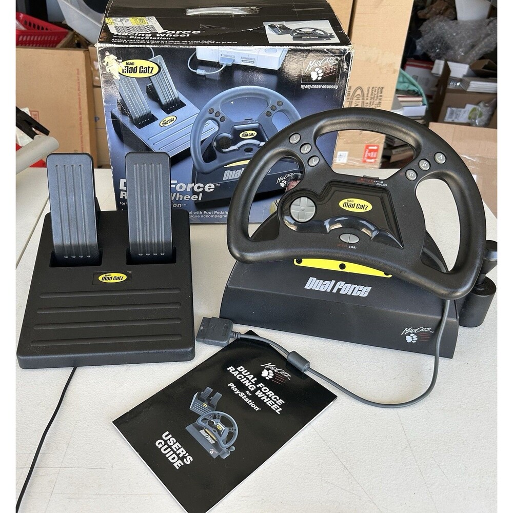 Mad Catz Dual Force Racing Wheel Pedals PS1 PS2 Complete In Box Tested Working
